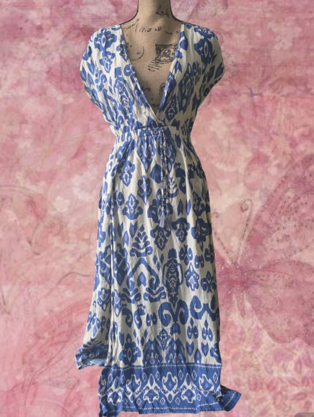 Boho Maxi Dress Salty Lemon Blue V-Neck Summer Gown